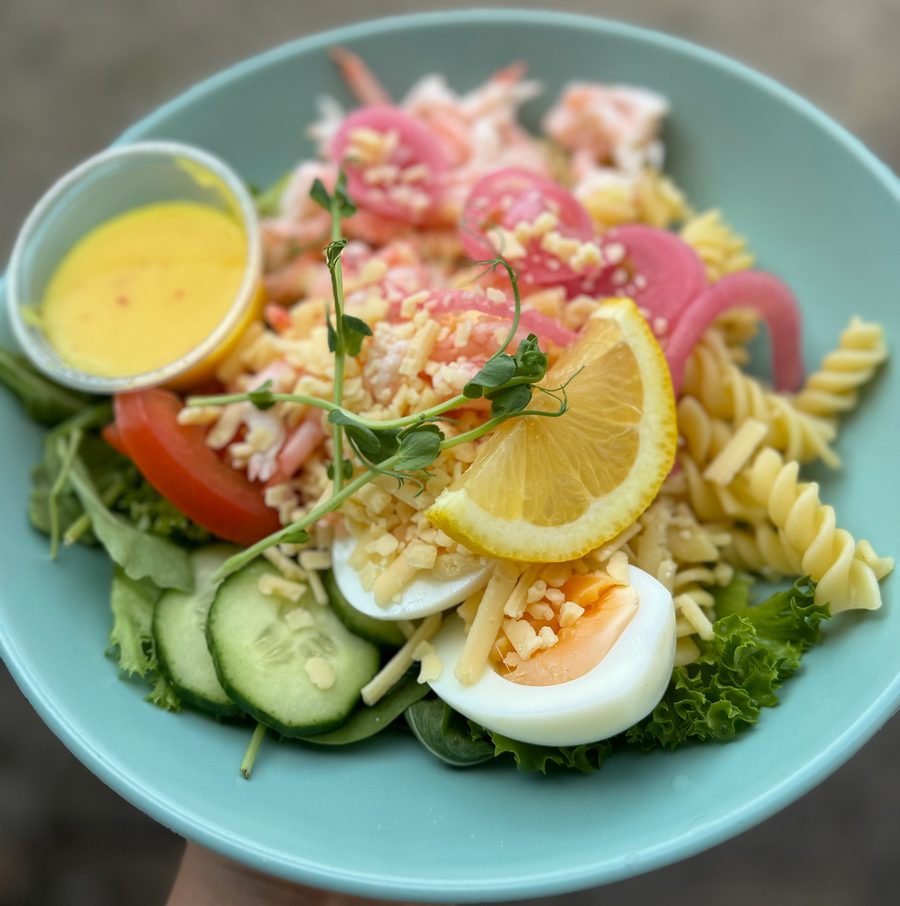 Räksallad på turkos tallrik med pasta, ägg, citron, picklad rödlök och dressing vid sidan